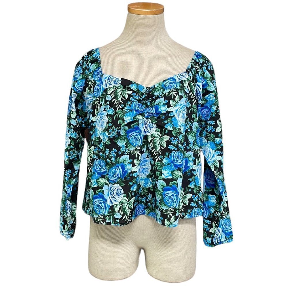 WAYF Blouse Top NWT Long Sleeve Shirt Sweetheart Blue Floral Size Small S